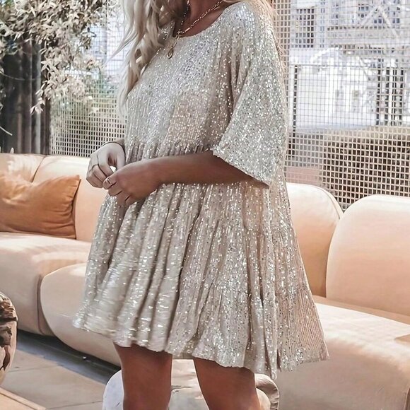 Silver Cute Women's Round Neck Mid-Sleeve Ruffle Hem Sequin Dress - Picture 2 of 5